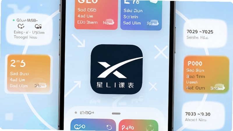 星链课表整体预览图,手机屏幕显示彩色课程表界面,背景为浅蓝色渐变,画面中央突出星链课表APP图标,周围有课程卡片、时间轴等元素,风格清新简约,适配Boogu模型生成