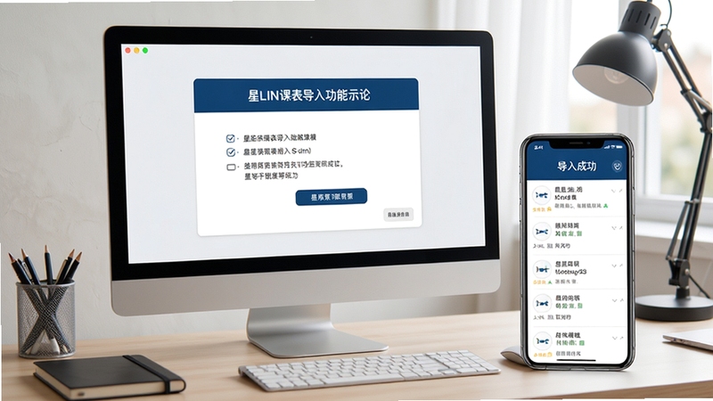 星链课表导入功能界面示意图,电脑屏幕显示导入向导,手机端展示导入成功后的课程列表,背景为整洁的书桌,突出操作便捷性,风格写实清晰