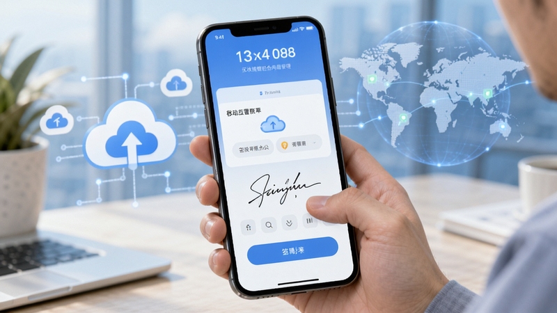 链签-区块链智能合同管理软件在手机上展示电子签名过程,背景为云端同步图标与全球地图,画面明亮轻快,强调移动办公的灵活性与签署效率。