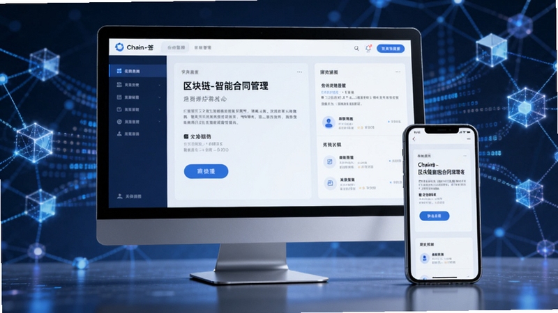 画面中心展示链签-区块链智能合同管理软件在电脑与手机多设备上同步运行的界面,背景为抽象化的区块链网络节点与数据流,整体风格商务科技蓝,界面清晰现代,突出软件在合同签署与管理上的高效协同。