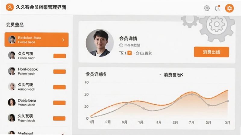 久久客会员档案管理界面截图风格图,左侧为会员列表侧边栏,右侧展示会员详情画像与消费曲线,背景有齿轮状设置图标,整体UI扁平化设计,以白色和浅灰色为主色调,辅以橙色高亮按钮,强调数据清晰易读
