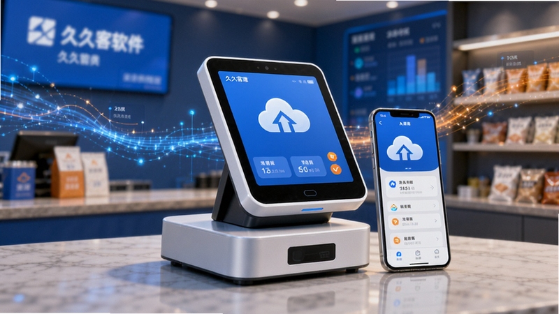 久久客软件主视觉图,画面中央为现代简约的智能收银终端与手机界面,背景为模糊的实体店铺前台与数据流动线条,整体色调科技蓝与暖橙结合,突出会员管理与营销云的连接感,风格明亮清晰,适合软件官网展示
