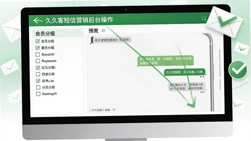 久久客短信营销后台操作图,画面模拟电脑屏幕中编辑短信模板的界面,左侧有会员分组勾选框,右侧预览手机收到短信的效果,背景点缀信封与发送成功的对勾图标,色调以绿色与白色为主,体现高效与可靠