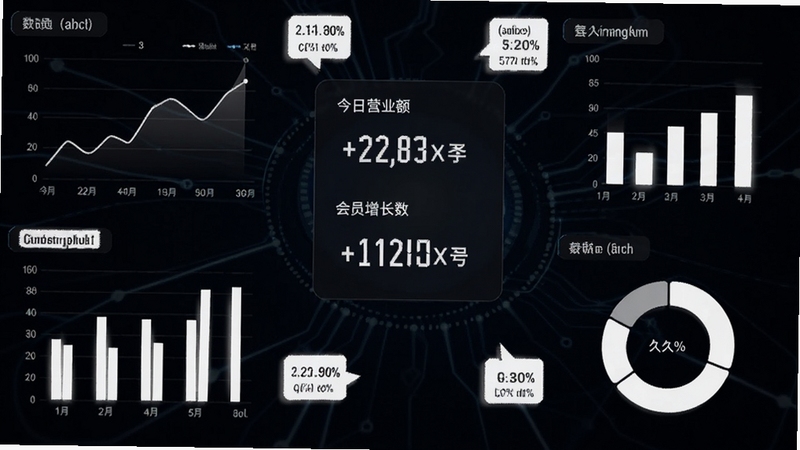 久久客数据报表看板示意图,画面为深色背景上的白色图表,包含折线图、柱状图与环形图,中央显示今日营业额与会员增长数,四周有模拟数据标签,整体商务科技感,清晰展示数据可视化效果