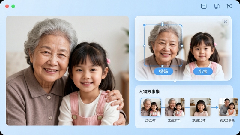 我家相册软件智能识别功能界面预览图,左侧为一位老奶奶与孙女的合影原图,右侧界面自动弹出识别框,框选面部并标注“妈妈”与“小宝”的姓名标签,下方是自动生成的“人物故事集”时间轴缩略图,背景为浅蓝色科技感界面,界面整洁,图标线条流畅,突出AI智能与家庭温情结合的氛围