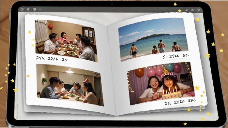 我家相册软件回忆故事功能展示图,画面展示平板电脑上的一本立体翻页电子相册,相册中混合了日常聚餐、海边旅游、生日派对等多样场景照片,照片边缘带有柔和的白色边框与手写日期标签,周围漂浮着微黄的星光粒子特效,营造出怀旧与温馨并存的电影感氛围