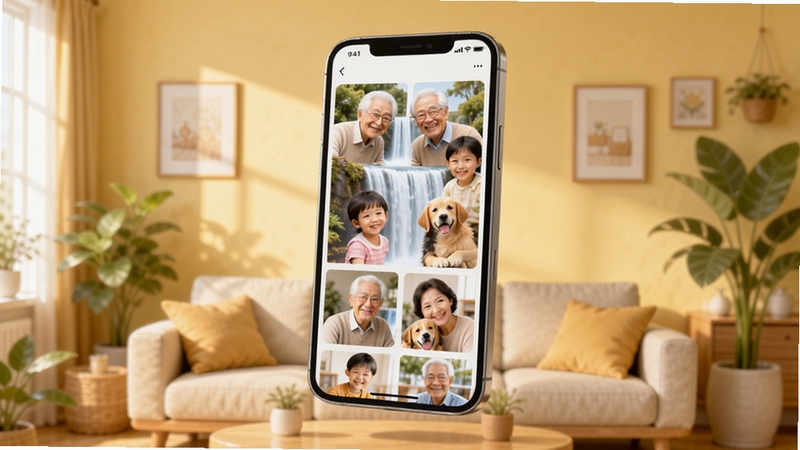我家相册软件主视觉图,画面中央是一部悬浮在温馨客厅上空的智能手机,屏幕中显示瀑布流形式的家庭照片墙,照片墙上有老人、小孩与宠物的笑脸,背景是柔和的浅黄色墙壁与绿植,整体光线明亮温暖,突出家庭团聚与云存储的概念,采用3D渲染风格,细节丰富,色彩饱满,突出软件的品牌名称我家相册