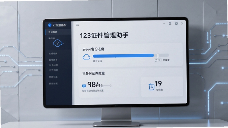 展示123证件管理助手的数据备份与恢复功能界面,屏幕上显示云端备份进度条和已备份证件数量,背景为简约的科技感浅灰色墙体,整体色调沉稳,突出安全可靠的数据管理体验