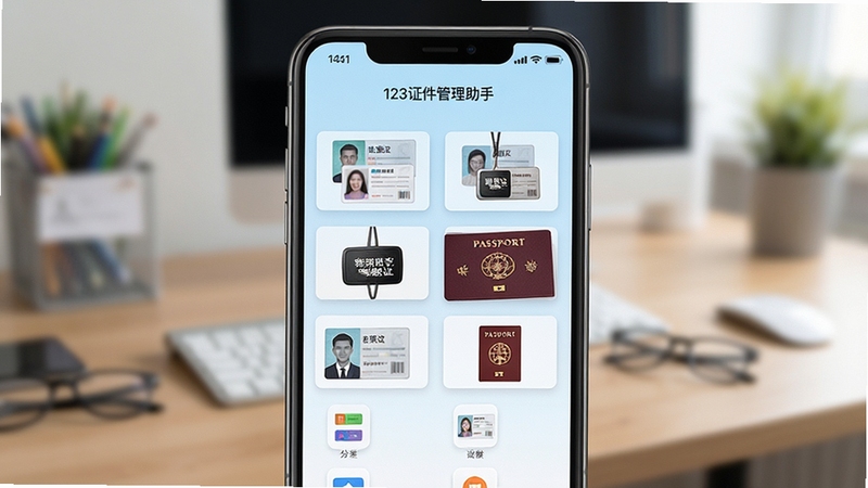 一张展示123证件管理助手主界面的高清截图,界面中央整齐排列着身份证、驾驶证、护照等各类证件的电子卡片缩略图,背景为淡蓝色渐变,整体风格干净明亮,突出软件的数字资产管理核心功能,画面主体前景是手机屏幕,屏幕内显示证件分类图标,背景为模糊的办公桌环境,光线柔和,细节丰富