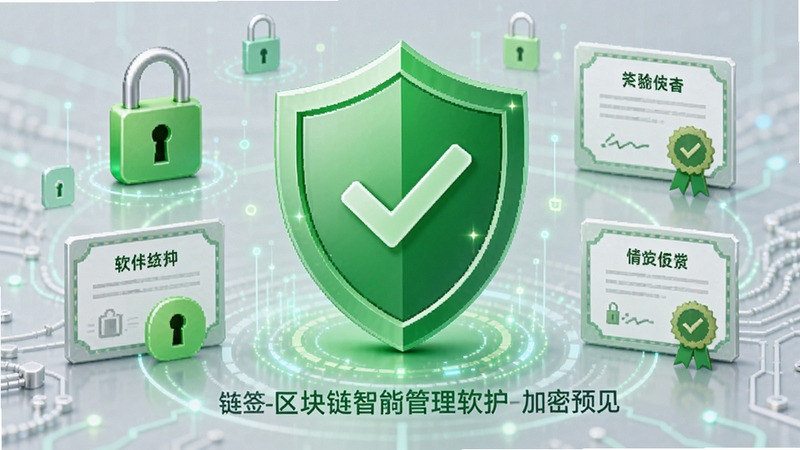 链签-区块链智能合同管理软件安全认证预览图,画面中心为一个绿色安全盾牌,盾牌上有对勾标志,四周环绕着锁形图标和证书图案,背景为浅灰色科技纹理,强调软件通过安全认证与加密保护,风格简洁明了