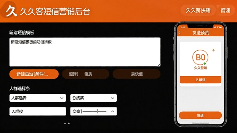 久久客短信营销后台编辑界面,显示新建短信模板的文本框和人群选择条件,右侧有发送预览手机屏幕样式,整体以橙色为主色调,按钮明显,体现简便快捷的操作特点。