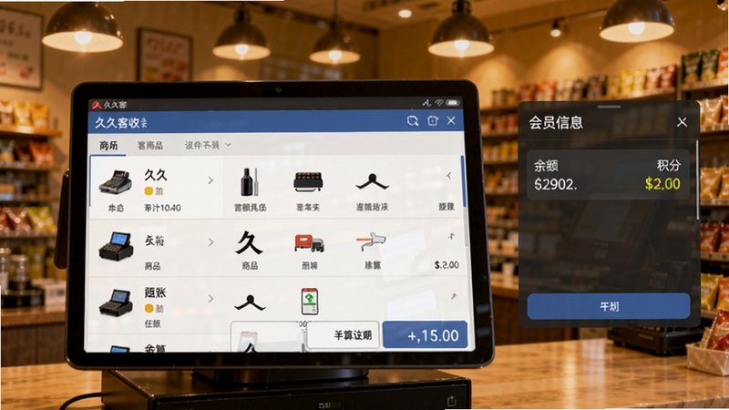 久久客收银桌面操作界面,显示商品列表与结算金额,右侧为会员信息浮窗,包含余额与积分,背景为暖色灯光下的实体店收银台,突出快速结账效率。