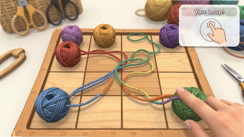Yarn Loop! 游戏解谜过程截图,画面中一个木制棋盘上散布着不同颜色的毛线团,几条彩色毛线正被玩家的手指拖动连接,形成流畅的曲线,棋盘格线条清晰,毛线质感真实,背景虚化的编织工具和毛线球,整体界面简洁明亮,教学提示框显示操作手势,风格直观易懂