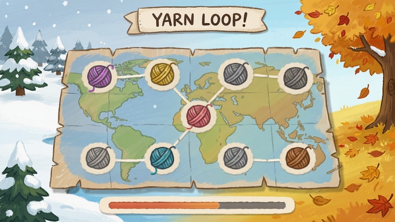 Yarn Loop! 关卡选择界面,画面展示一个以地图形式呈现的关卡节点,每个节点上有一个小巧的毛线球图标,已完成关卡显示彩色,未解锁关卡为灰色,背景是手绘风格的四季变换场景,从冬天的雪景到秋天的落叶,色彩过渡自然,界面布局清晰,带有章节标题和进度条,风格温馨治愈