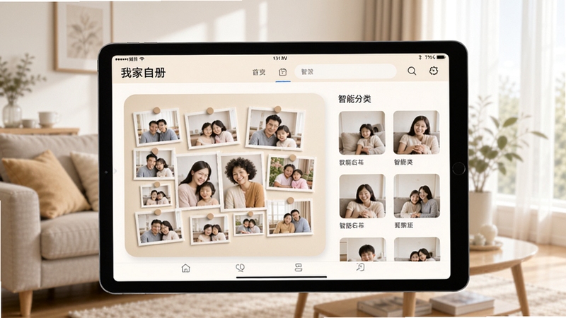我家相册主界面展示图,展示家庭照片墙与智能分类相册,画面温馨明亮,背景为客厅环境,浅色系界面,设备为平板电脑,整体风格写实清晰,突出软件名称我家相册