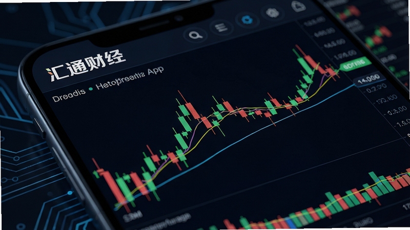 展示汇通财经APP内K线图界面,屏幕上有彩色蜡烛图与均线,左上角显示“汇通财经”Logo,背景为深色交易界面,科技感强,高清渲染。