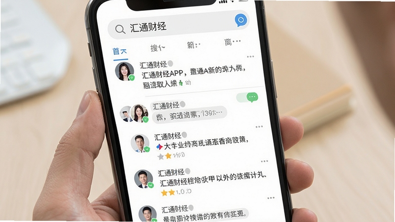 展示汇通财经APP社区讨论页面,屏幕上有用户头像与评论列表,顶部搜索栏显示“汇通财经”,背景为浅色界面,风格清爽,突出互动氛围。