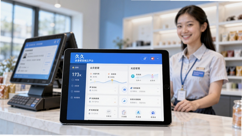 久久客会员营销云平台主视觉,画面中央是平板电脑显示会员管理界面,背景是模糊的现代化门店收银台和微笑的店员,整体色调明亮,突出数字化管理与顾客互动的场景,风格写实清晰,适合作软件首页预览图