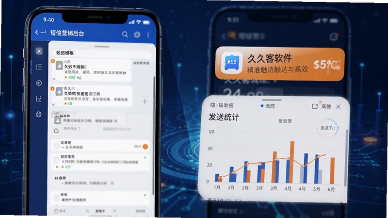 久久客软件的短信营销后台界面,显示短信模板编辑器和发送统计图表,背景为手机屏幕弹出营销短信通知的画面,强调精准触达与高效转化,色调以蓝色和橙色为主,科技感强