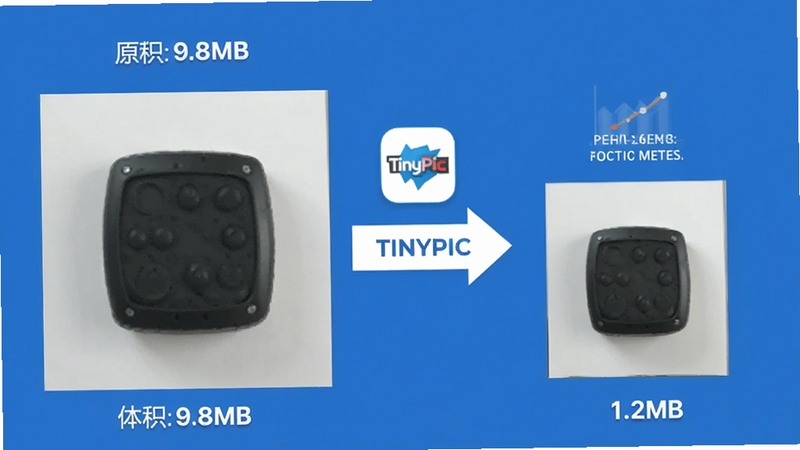 չʾTinyPic��������ѹ�����̵ĶԱ�ʾ��ͼ�����ΪԭʼͼƬ�ļ��������עΪ9.8MB���Ҳ�Ϊѹ�����ͼƬ�������עΪ1.2MB�����߻����Ӿ��ϼ����޲��죬�м��ü�ͷ���ӣ���ͷ����TinyPic��logoͼ�꣬�������øɾ��Ĵ�ɫ���������ݻ�ͼ��Ԫ�أ����רҵ����