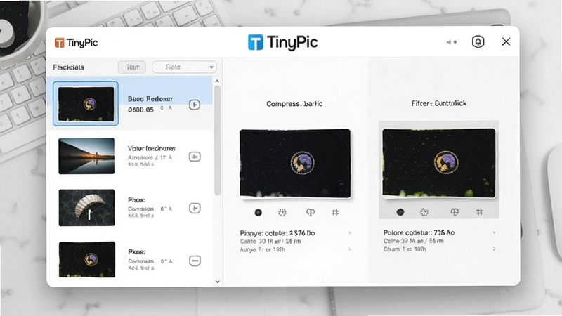 一张展示TinyPic软件主界面的高清预览图,界面简洁现代,左侧为图片列表,右侧显示压缩前后对比数据,背景为浅灰色工作台,顶部有TinyPic Logo,整体风格干净明亮,突出软件的专业与易用性
