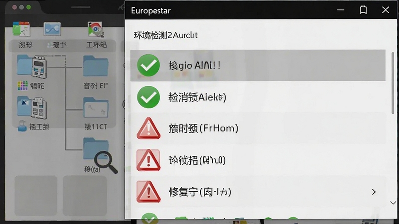 欧洲卡车模拟器2安装器运行环境检测界面截图,画面显示绿色对勾与红色警告图标列表,背景为手机系统文件结构示意,整体风格科技感强,强调诊断与修复功能,画面清晰
