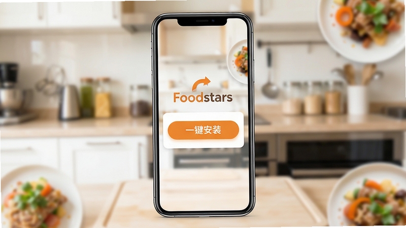 一张智能手机屏幕的俯视图,手机屏幕中清晰显示Foodstars安装器的主界面,界面设计简洁现代,以暖橙色和白色为主色调,中央有一个醒目的“一键安装”按钮,背景为模糊的厨房与美食元素,整体画面明亮干净,突出工具的便捷与高效,画面主体为手机与安装界面,背景区域为美食元素,适配竖屏比例。