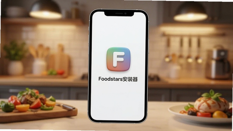 一张现代智能手机屏幕的特写,屏幕上清晰显示“Foodstars安装器”的简洁界面,背景是虚化的厨房与美食元素,暖色调灯光营造温馨氛围,画面主体居中,UI图标立体精致,整体风格明亮且富有食欲感,适配竖版构图