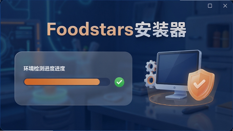 Foodstars安装器运行界面,展示环境检测进度条与通过√提示,背景为半透明毛玻璃效果,设备模型旁有齿轮与盾牌图标,整体配色以深蓝与橙色为主,科技感与亲切感并重,画面清晰标注“Foodstars安装器”字样