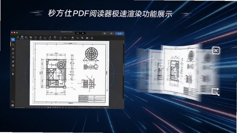全方位PDF阅读器极速渲染功能展示图,左侧为软件界面打开一个超大图纸文件,右侧显示流畅缩放动画的残影效果,背景有速度线条元素,强调秒开与无延迟的阅读体验