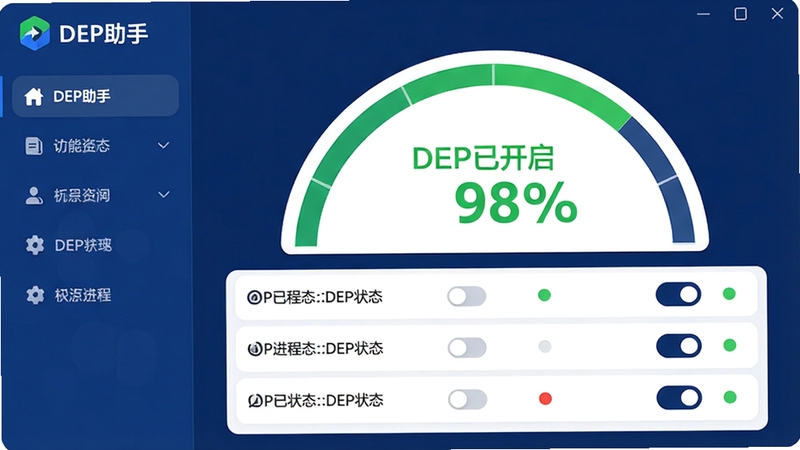 展示DEP助手软件界面的高清截图风格预览图,左侧为功能导航栏,右侧主区域显示一个半圆形的仪表盘,仪表盘中央有“DEP已开启 98%”的绿色大字,下方列出多个进程的DEP状态列表,每个进程旁边有开关滑块和状态指示灯,整体界面采用深蓝与白色搭配,圆角卡片设计,风格清爽简洁,图片中清晰地标注着“DEP助手”的Logo和名称。