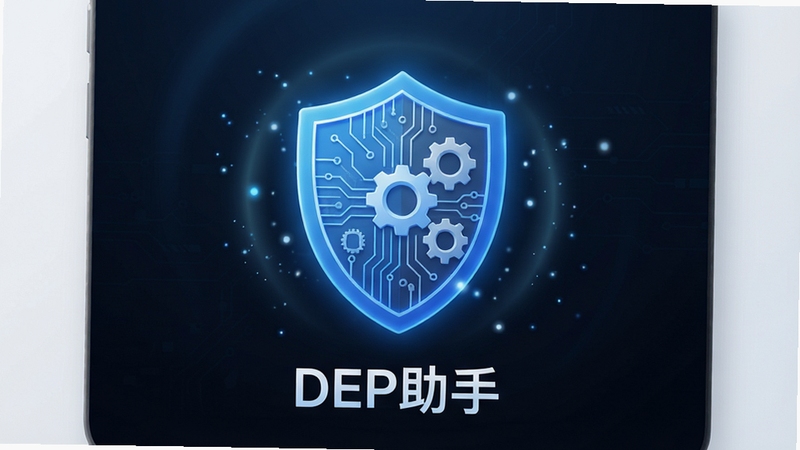 一张现代简约风格的三维渲染图,画面中央悬浮着一个发光的蓝色盾牌图标,盾牌表面融合了电路板纹理与齿轮元素,暗示系统底层防护与性能调校功能,背景为深色渐变科技感环境,四周有微弱的光晕和粒子效果,整体色调以蓝、白、灰为主,画面干净专业,突出安全、智能、高效的产品气质,图片中下方显示“DEP助手”字样。
