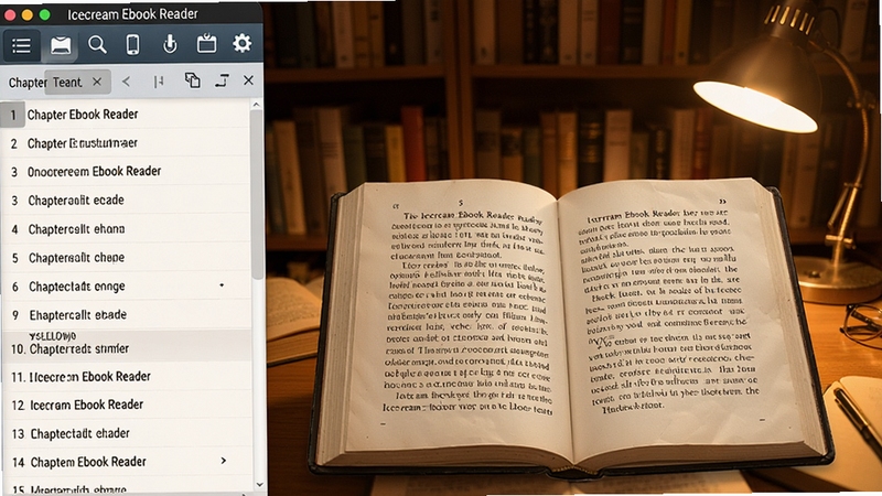 Icecream Ebook Reader阅读界面,显示一本打开的电子书,文字清晰,左侧有章节列表,顶部有工具栏,背景为暖色调书房,突出护眼模式效果,软件界面细节丰富,包含软件名称Icecream Ebook Reader