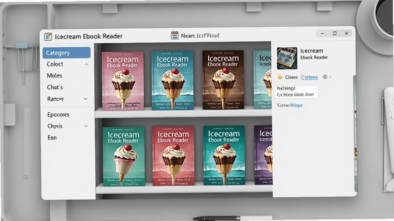 Icecream Ebook Reader书架界面,展示多本电子书封面整齐排列,左侧栏有分类标签,右侧显示书籍详情,背景为简洁的浅灰色工作台,软件界面清晰,封面色彩丰富,渲染精致,突出软件名称Icecream Ebook Reader