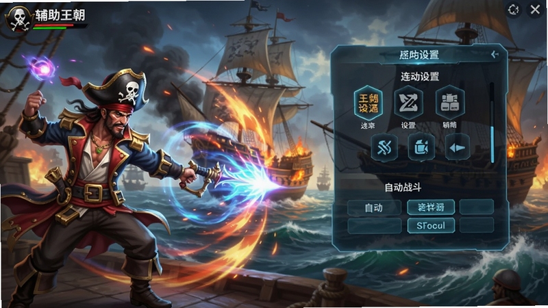 生成一张海盗王朝(辅助菜单)战斗辅助界面的概念图,画面左侧为游戏角色释放炫丽技能特效,右侧悬浮着半透明的辅助控制面板,面板上清晰标注着连招设置与自动战斗选项,背景为激烈的海战场景,火光与海浪交织,整体风格动感且充满科技感,色彩鲜明,细节饱满。