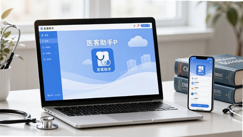 在整洁的办公桌上,一台笔记本电脑屏幕显示医客助手app的界面截图,旁边摆放着一部手机同样打开该应用,桌面上还有听诊器和医学书籍,整体画面呈现医学工作场景,强调软件多设备协同使用的便利性,桌面光线自然柔和。