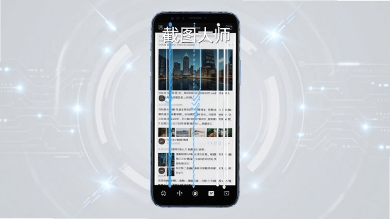 展示截图大师软件滚动截图功能的使用场景,一部智能手机竖屏显示一个长网页,网页上方有“截图大师”的水印标识,画面中有动态的滚动轨迹线条,背景为浅灰色科技感光效,构图清晰,主题明确