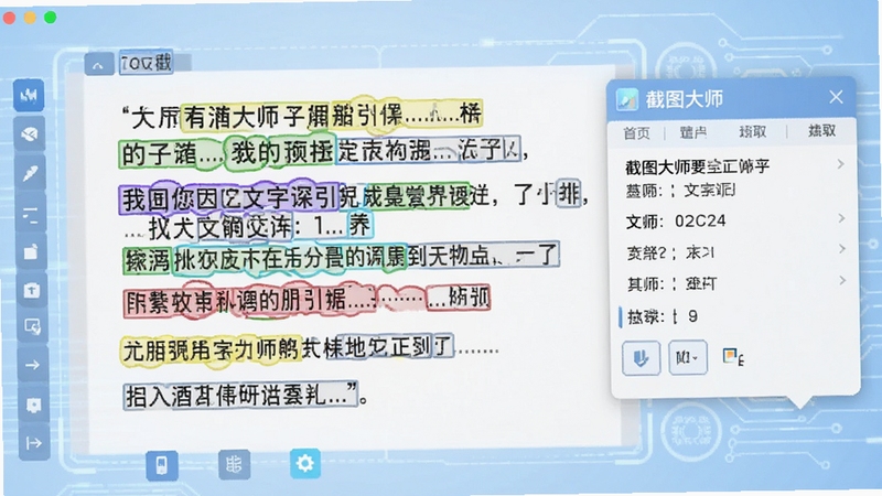 展示截图大师OCR文字识别功能的界面,屏幕上有一张包含多行文字的图片,软件用高亮框标出识别出的文字区域,旁边弹出文字提取结果面板,面板上有“截图大师”的标识,背景为淡蓝色科技风格,画面清晰直观