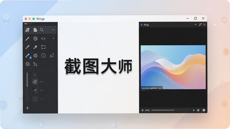 一张展示截图大师软件主界面的高清数字艺术图,画面中央是软件主窗口,左侧为工具栏,右侧为预览区,背景为柔和的渐变色,整体风格现代简洁,突出软件名称“截图大师”字样,光线明亮,细节丰富