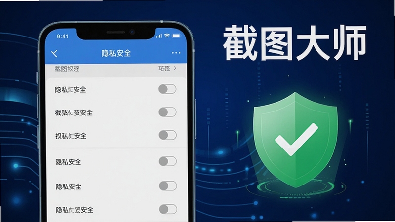展示截图大师隐私保护的界面,画面中有一个手机屏幕,显示应用权限管理列表,所有权限均处于关闭状态,旁边有一把绿色盾牌图标,背景为深蓝色科技感,突出“隐私安全”主题,画面中有“截图大师”字样,风格简洁明了