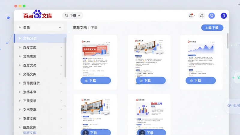 展示百度文库电脑客户端界面截图的风格化预览图,左侧是文档分类列表,右侧显示文档缩略图与下载按钮,背景使用柔和的浅灰与白色搭配,突出资源丰富、排版清晰的特点,画面包含“百度文库”产品标识,整体风格写实且具有科技感