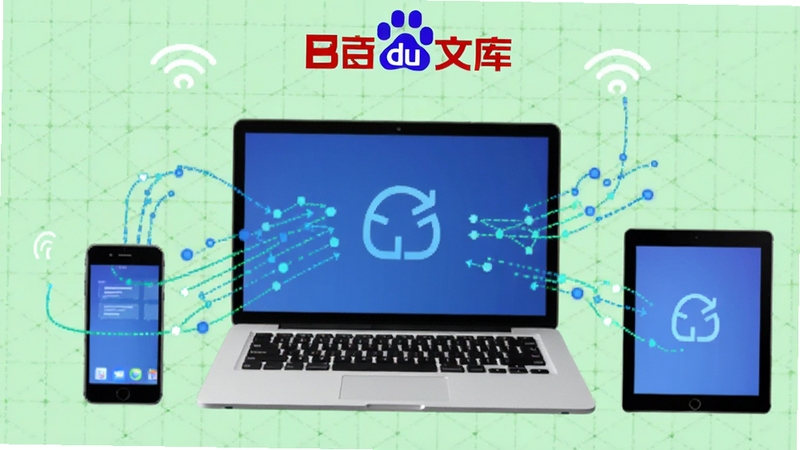 概念化的多设备同步示意图,画面中央是一台笔记本电脑,周围环绕手机与平板,彼此通过发光的线条连接数据,背景为淡绿色网格底纹,整体传达高效同步与离线可用的特点,产品标识“百度文库”放置于画面上方,风格简洁直观