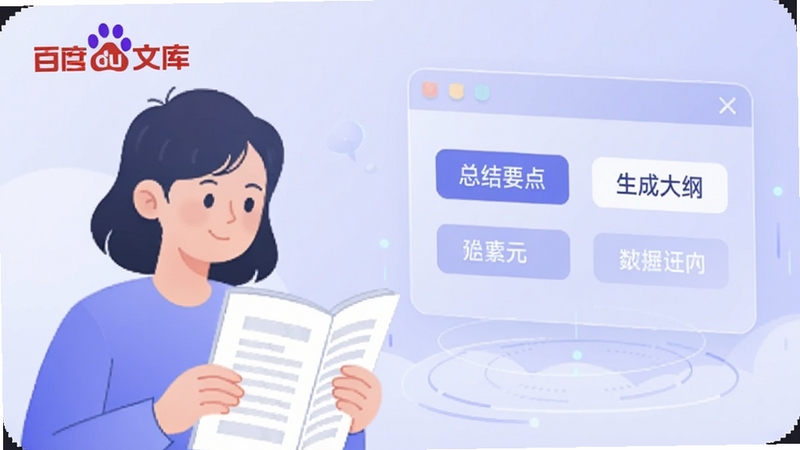 一张展示AI助手功能的插图,画面左侧是正在阅读文档的用户,右侧悬浮着半透明的AI交互面板,面板上显示有“总结要点”“生成大纲”等文字按钮,背景采用浅紫色渐变,科技感与亲切感并存,同时出现“百度文库”字样,突出智能辅助场景