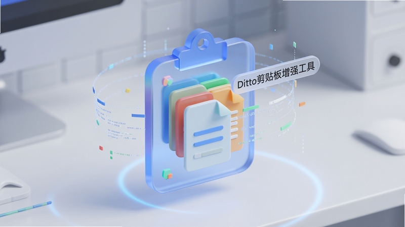 一幅现代简约风格的3D渲染插画,画面中央是一个悬浮在空中的蓝色半透明剪贴板图标,上面叠放着多个彩色文档缩略图,背景是干净的浅灰色工作台,周围有柔和的光晕和微小的数据流线条,整体科技感十足,画面中悬浮着文字标签“Ditto剪贴板增强工具”,寓意高效复制与粘贴。