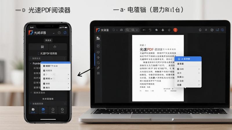 生成一张手机与电脑并排展示光速PDF阅读器界面的图片,屏幕中显示软件打开PDF文档的阅读状态,并伴有设置菜单弹出的画面,强调移动端与电脑端操作逻辑的差异,图片风格写实,界面带有“光速PDF阅读器”字样