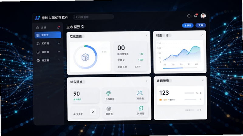搬砖人精优宝软件主界面预览图,展示清晰的功能分区和现代化的深色系UI设计,背景为抽象的数据流动线条,整体风格科技感十足