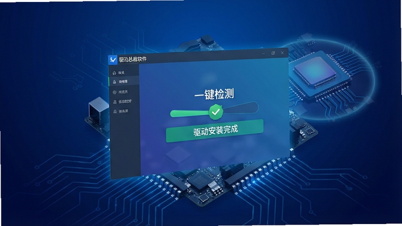 一幅现代科技感十足的主视觉图,画面主体为驱动总裁软件主界面悬浮于半空中,界面清晰展示“一键检测”、“驱动安装完成”等状态,背景采用深邃蓝色渐变与抽象电路板线条交织,电脑主板与CPU轮廓隐现于光晕中,整体风格专业、干净,突出软件智能驱动管理与系统优化核心功能,适配3:2横版构图