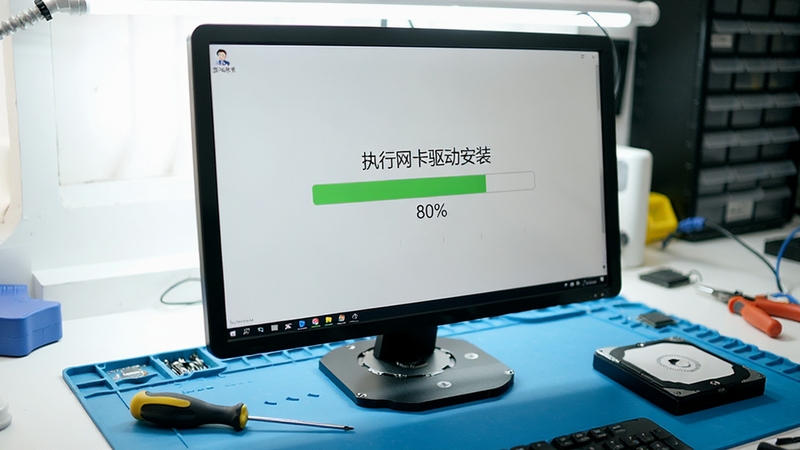 一张电脑桌面实拍风格图片,屏幕上显示驱动总裁正在执行“网卡驱动安装”进度条,进度约80%,旁边摆放着螺丝刀与硬盘,背景是明亮的维修工作台,光线充足,强调实操与问题解决场景,画面聚焦安装步骤