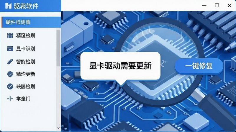 驱动总裁软件运行截图风格插画,左侧栏列出硬件检测清单,中央显示“显卡驱动需要更新”的提示气泡,右侧有“一键修复”按钮,画面背景为放大镜扫描电脑主板电路细节,蓝白色调,突出精准识别与智能分析功能,画面中干净无多余文字,扁平化结合微立体风格