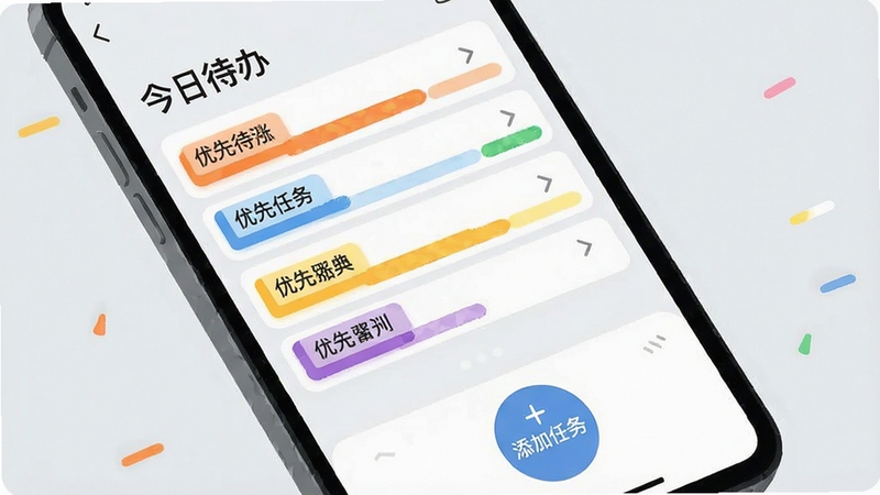 一张高清晰度的手机界面截图风格插画,显示联喜连连涨的任务列表界面,顶部有“今日待办”标题,列表项带有多彩的优先级色条,界面底部有“添加任务”的圆形按钮,整体风格清爽,背景为浅灰色,突出软件功能的实用性。